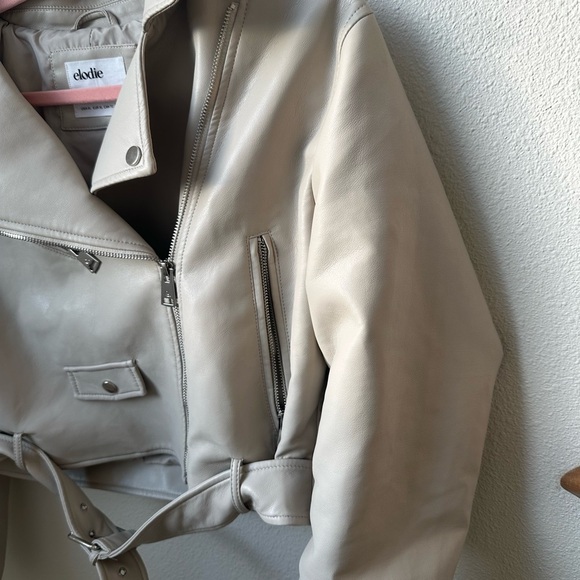 Elodie Cream Faux Leather Moto Jacket XL Cropped Biker Zip Belted - Picture 5 of 11